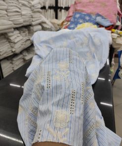 Sky Blue Cotton Stripe Fabric with Floral Embroidery | Charu Creation