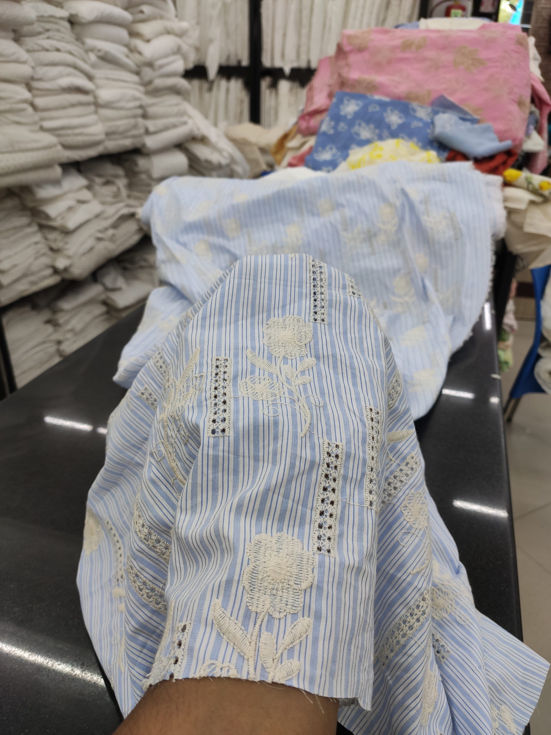 Sky Blue Cotton Stripe Fabric with Floral Embroidery | Charu Creation