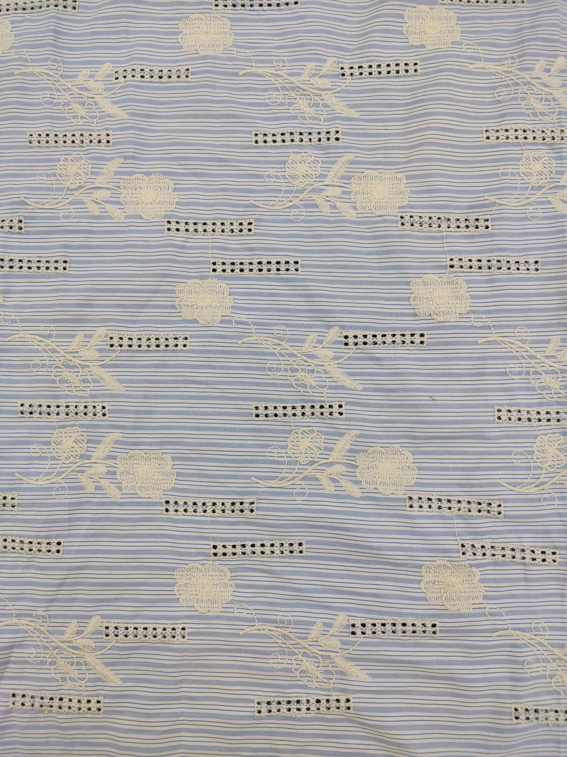 Sky Blue Cotton Stripe Fabric with Floral Embroidery | Charu Creation - Image 4