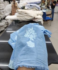 Sky Cotton Cambric Fabric with Floral Embroidery | Charu Creation