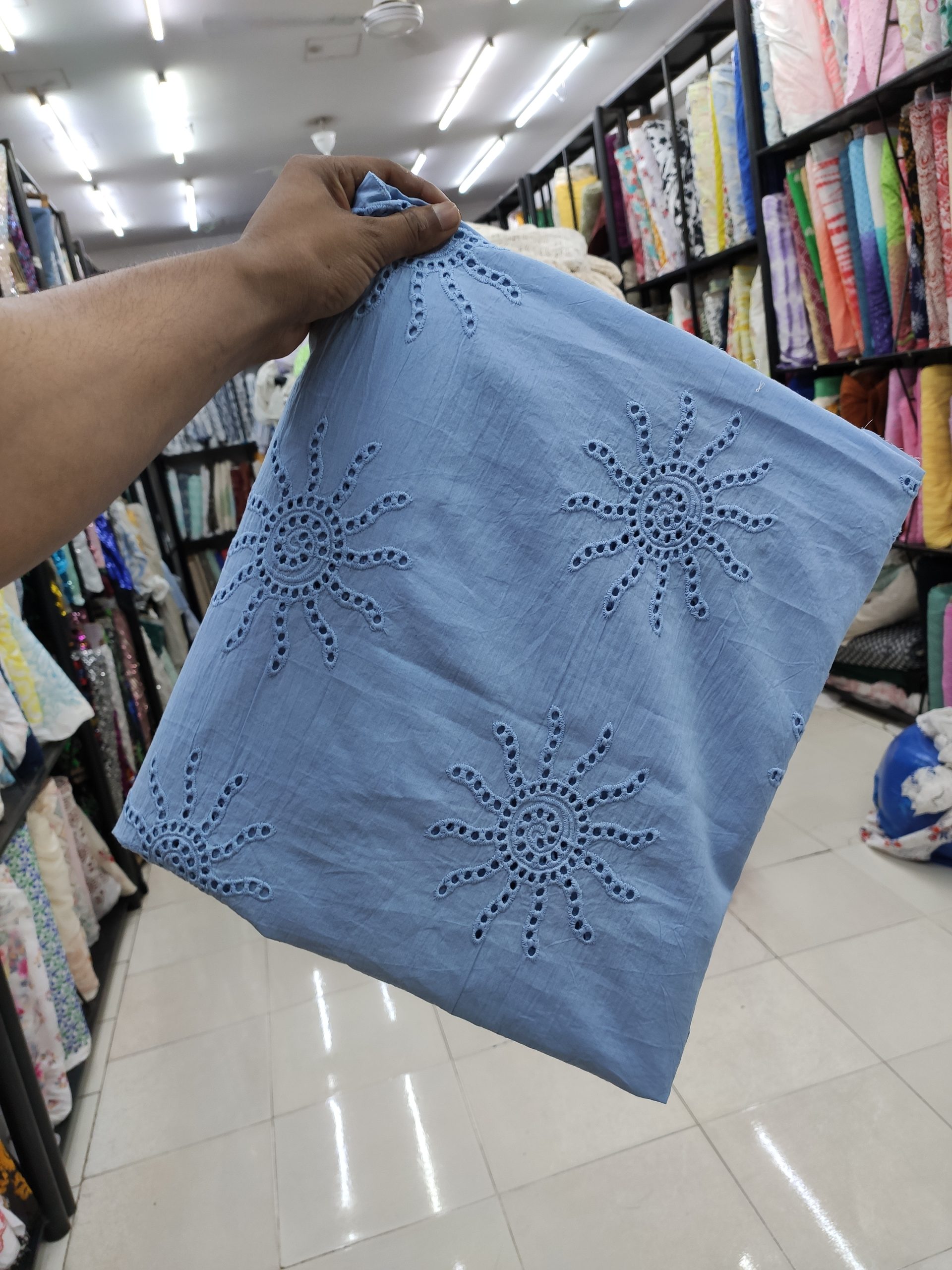 Sky Cotton Cambric Fabric with Sun Motif Embroidery | Charu Creation - Image 2