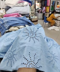 Sky Cotton Cambric Fabric with Sun Motif Embroidery | Charu Creation