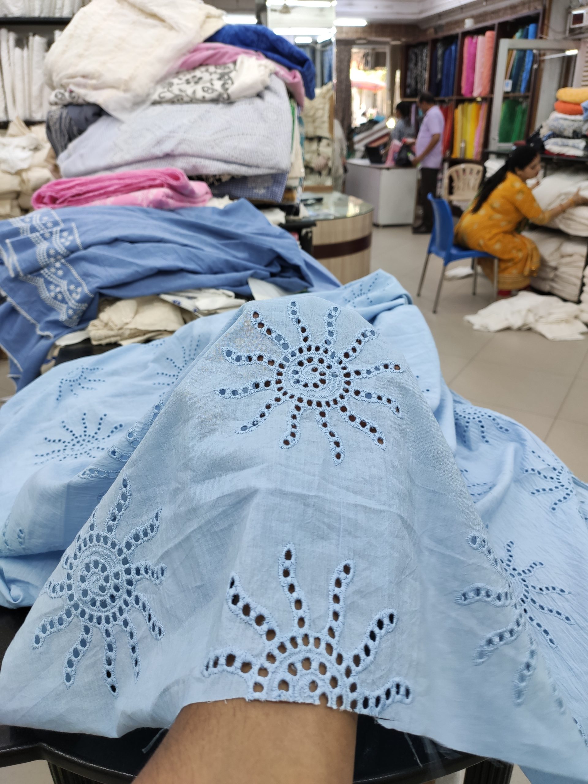 Sky Cotton Cambric Fabric with Sun Motif Embroidery | Charu Creation