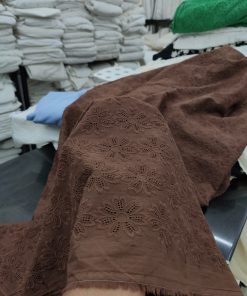 Brown Cotton Cambric Schiffli Floral Fabric | Charu Creation