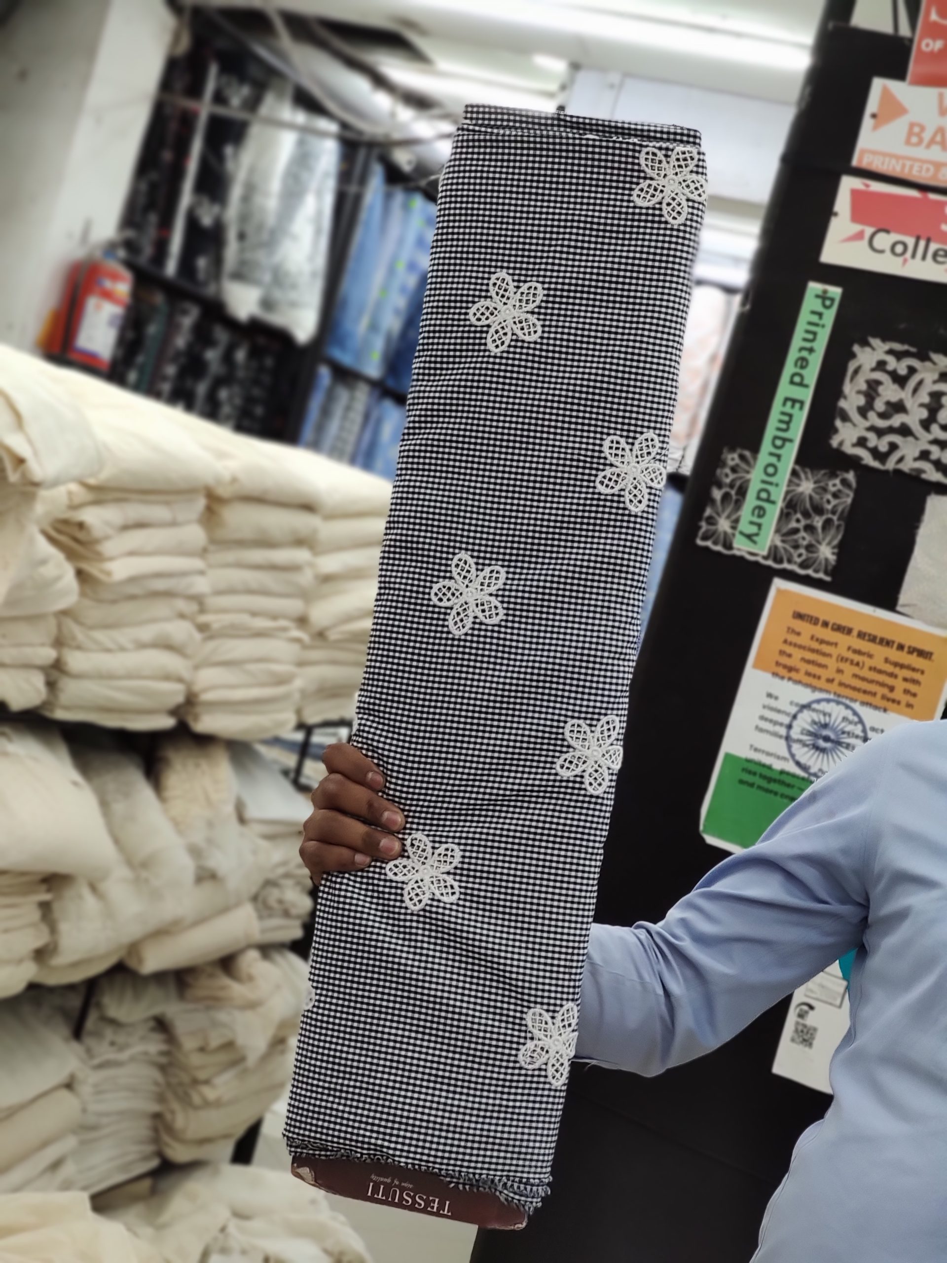 Black Gingham Cotton Fabric with Floral Embroidery | Charu Creation - Image 2