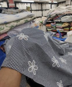 Black Gingham Cotton Fabric with Floral Embroidery | Charu Creation