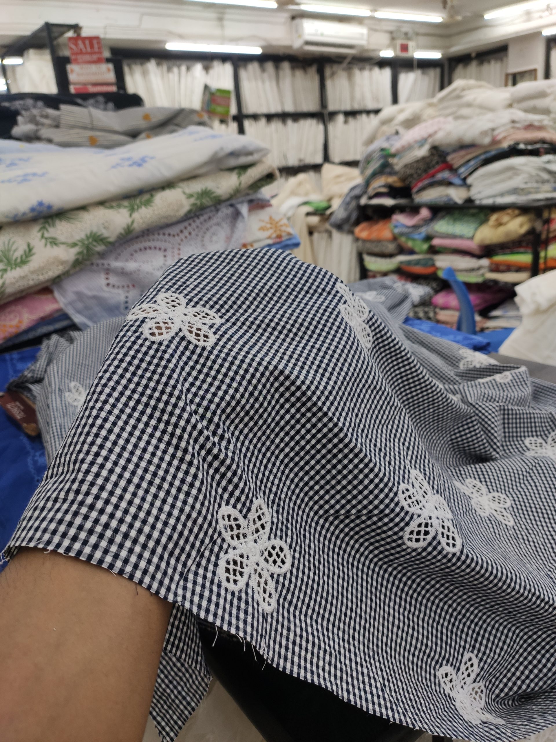 Black Gingham Cotton Fabric with Floral Embroidery | Charu Creation