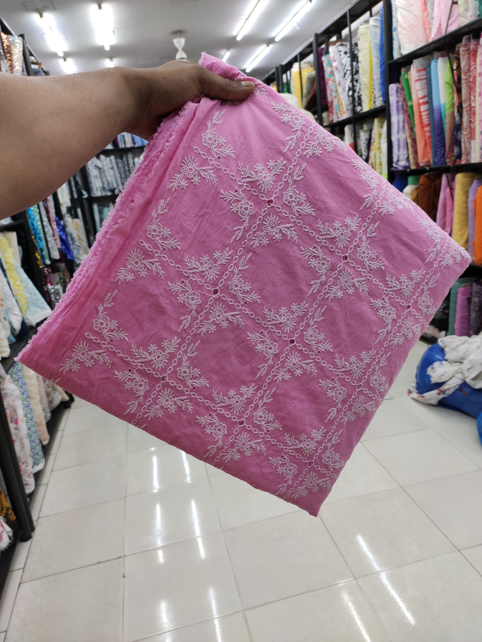 Pink Cotton Cambric with White Floral Embroidery Jaal | Charu Creation - Image 2