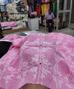 Pink Cotton Cambric with White Floral Embroidery Jaal | Charu Creation
