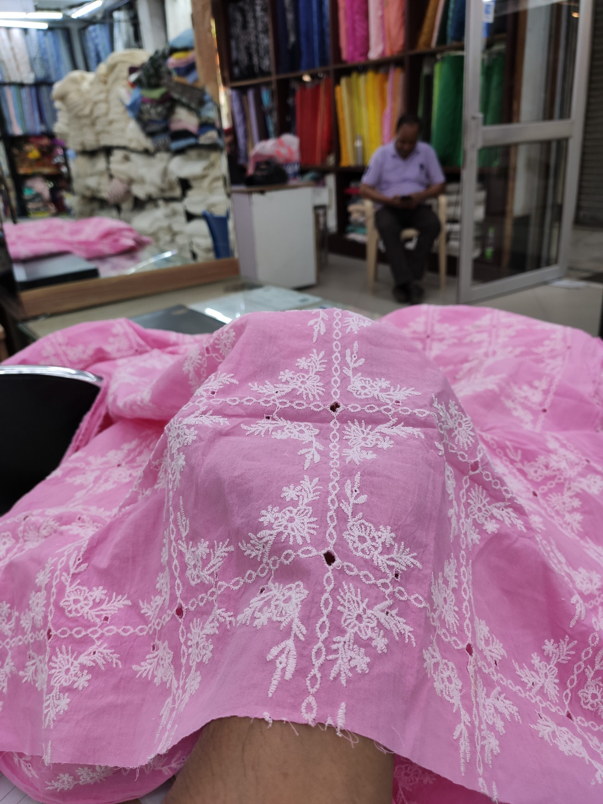 Pink Cotton Cambric with White Floral Embroidery Jaal | Charu Creation
