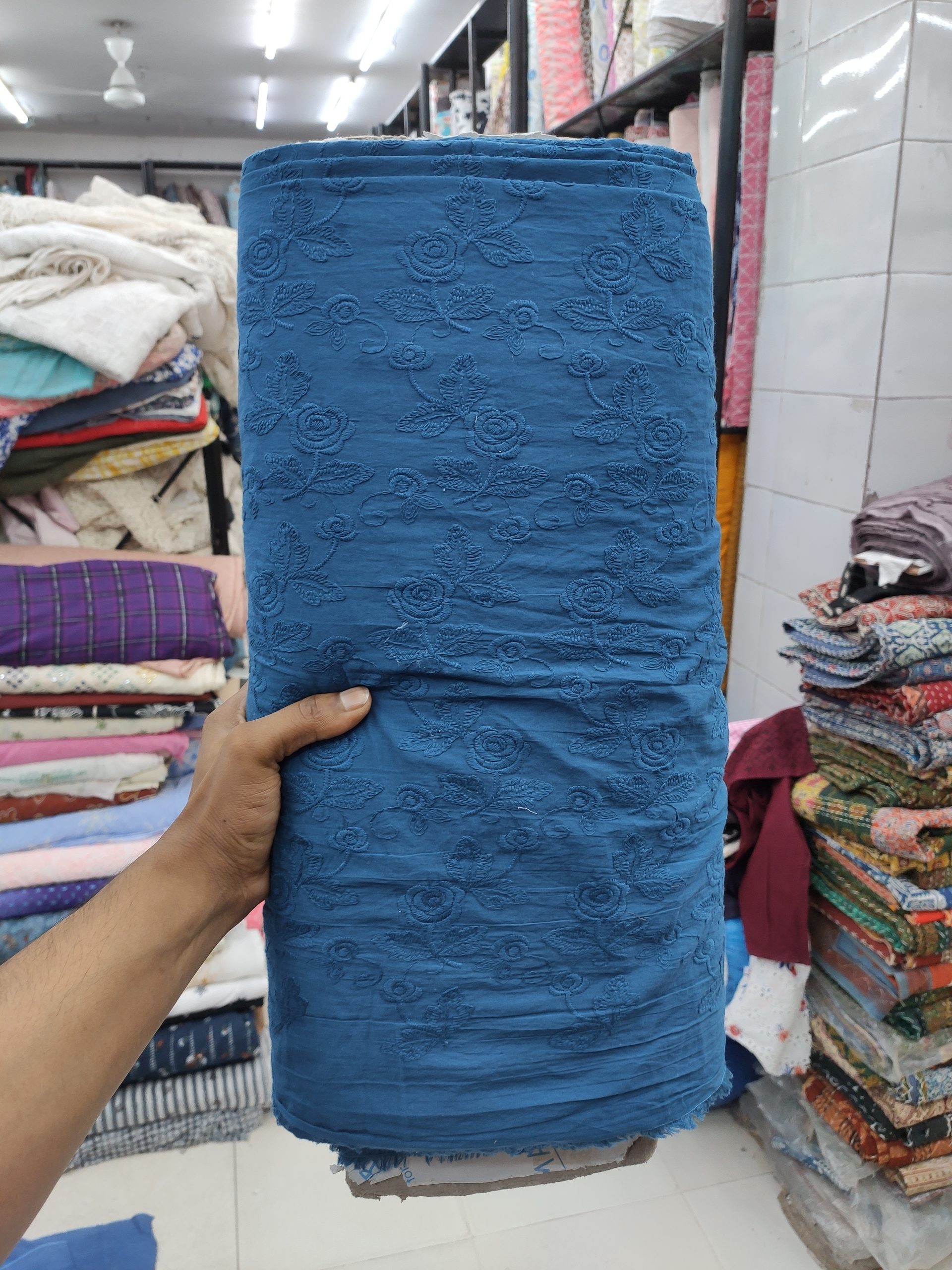 Blue Cotton Cambric with Tonal Floral Embroidery | Charu Creation - Image 2