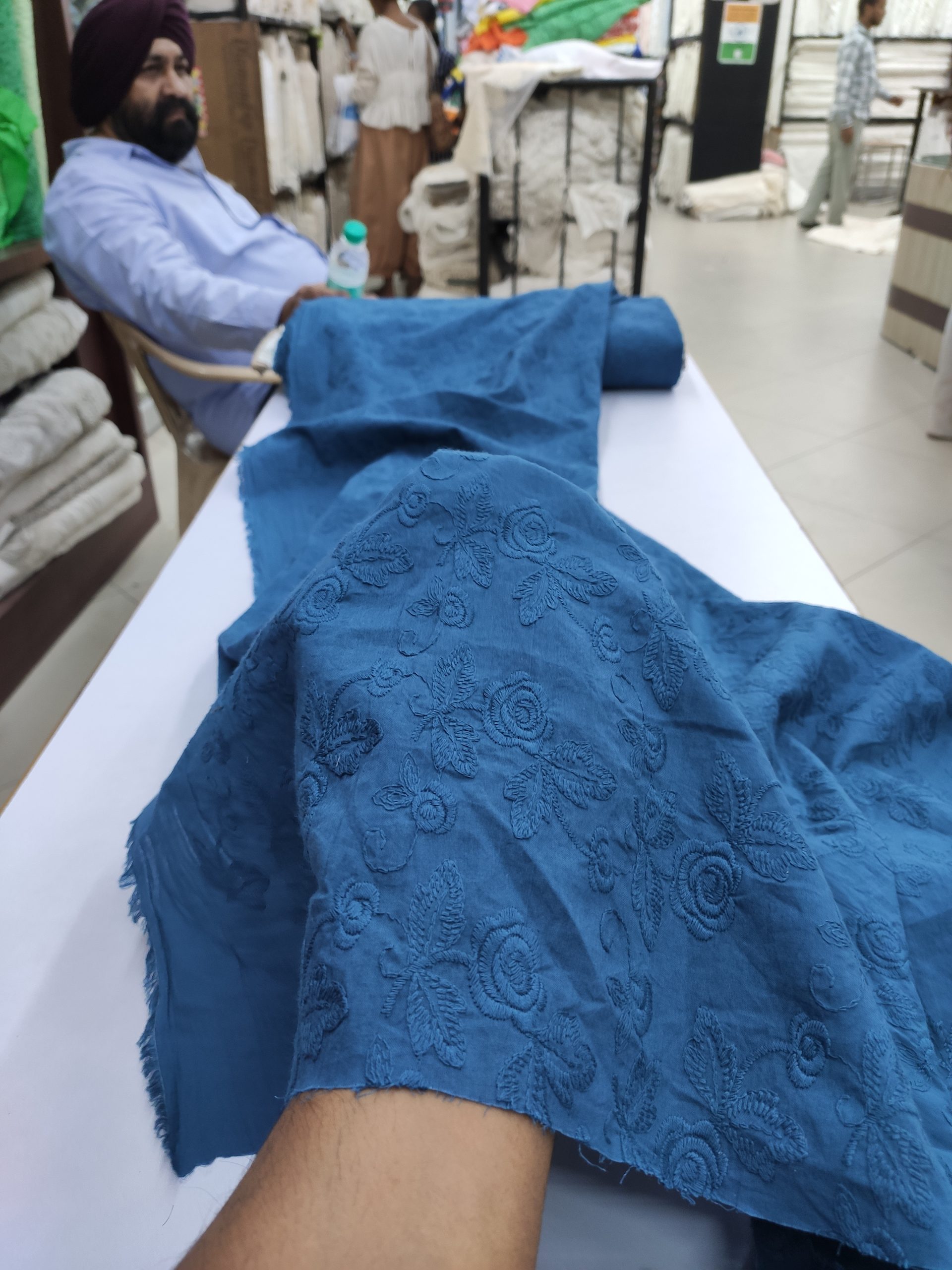 Blue Cotton Cambric with Tonal Floral Embroidery | Charu Creation