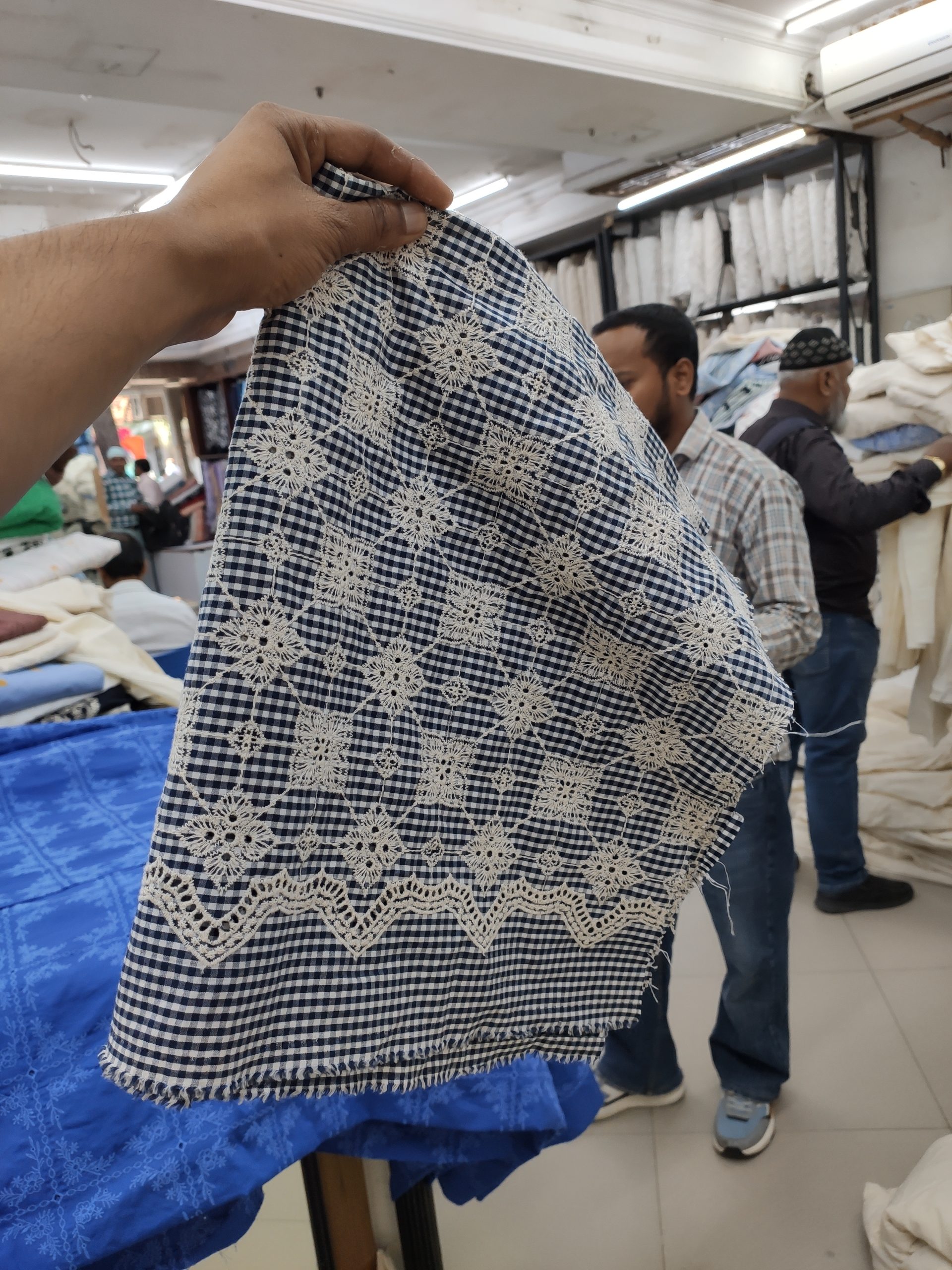 Navy Yarn Dyed Cotton Fabric with Checks & Embroidery | Charu Creation - Image 2