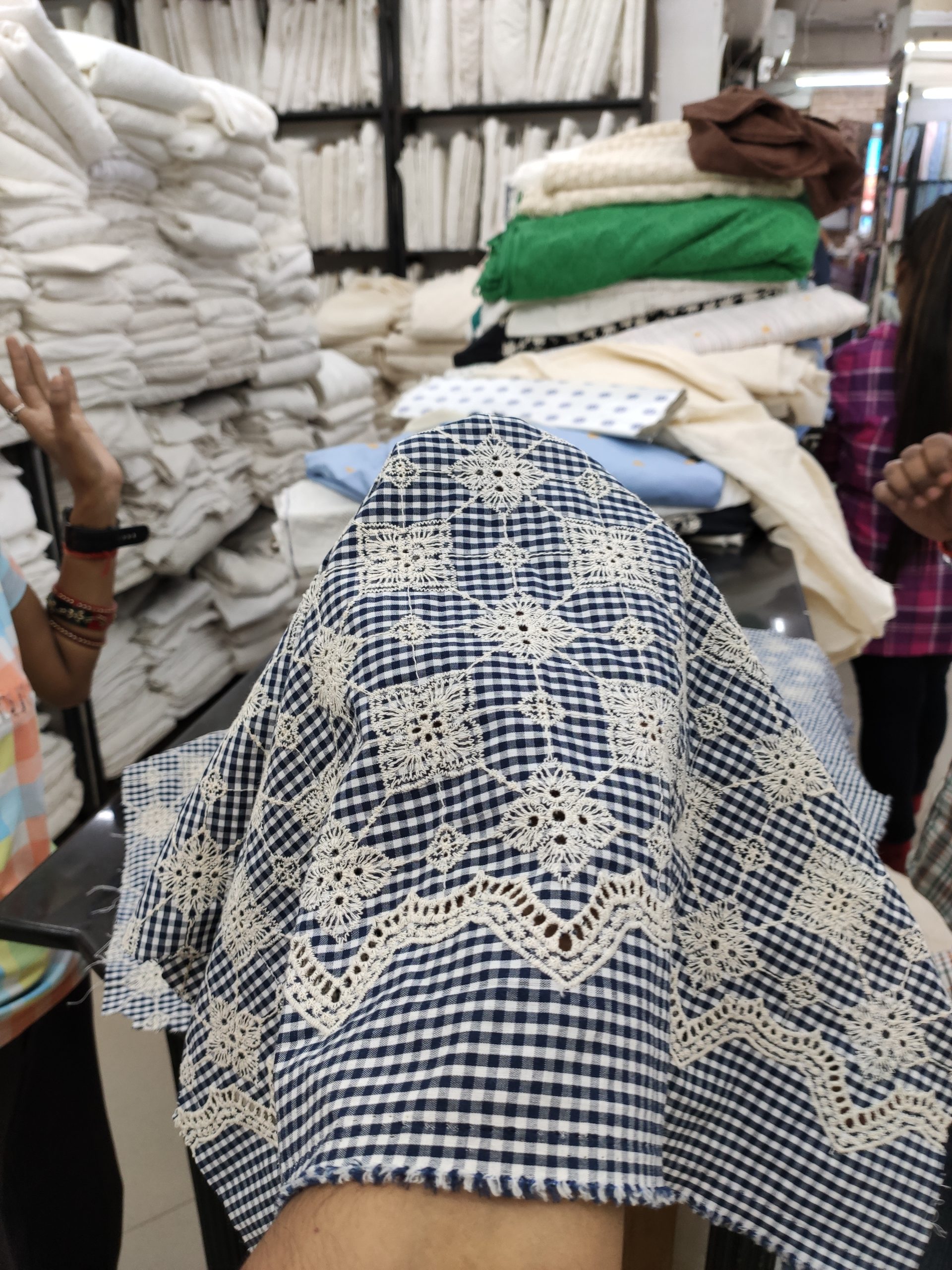 Navy Yarn Dyed Cotton Fabric with Checks & Embroidery | Charu Creation