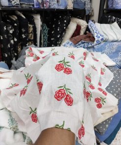 White Cotton Cambric with Red Rose Embroidery | Charu Creation