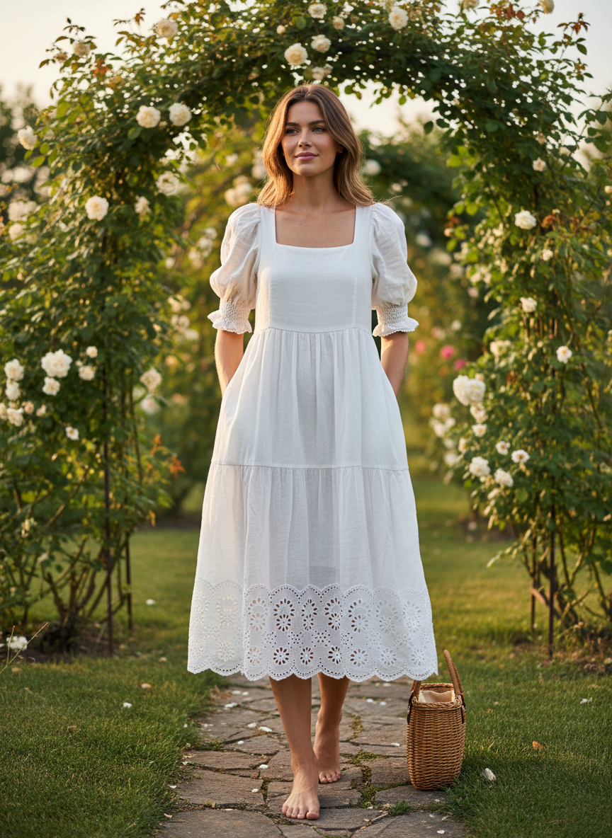 White Cotton Cambric with Floral Eyelet Embroidery | Charu Creation - Image 5