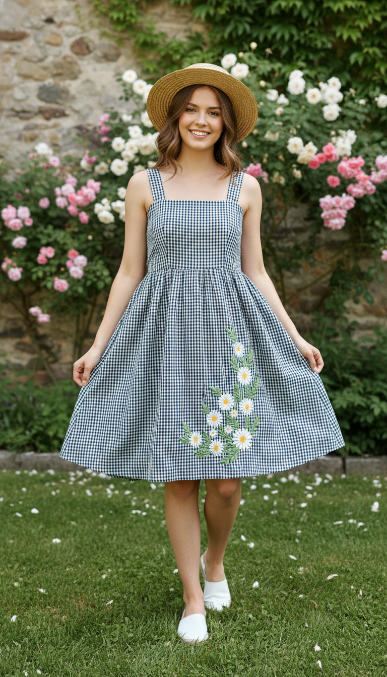 Navy Cotton Gingham Fabric with Daisy Embroidery | Charu Creation - Image 5