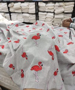 Grey Yarn Dyed Cotton with Flamingo Embroidery