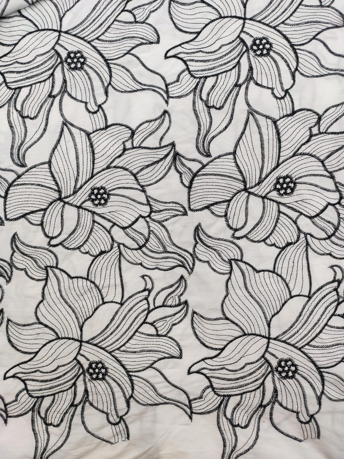 Off White Cotton Poplin with Black Floral Embroidery