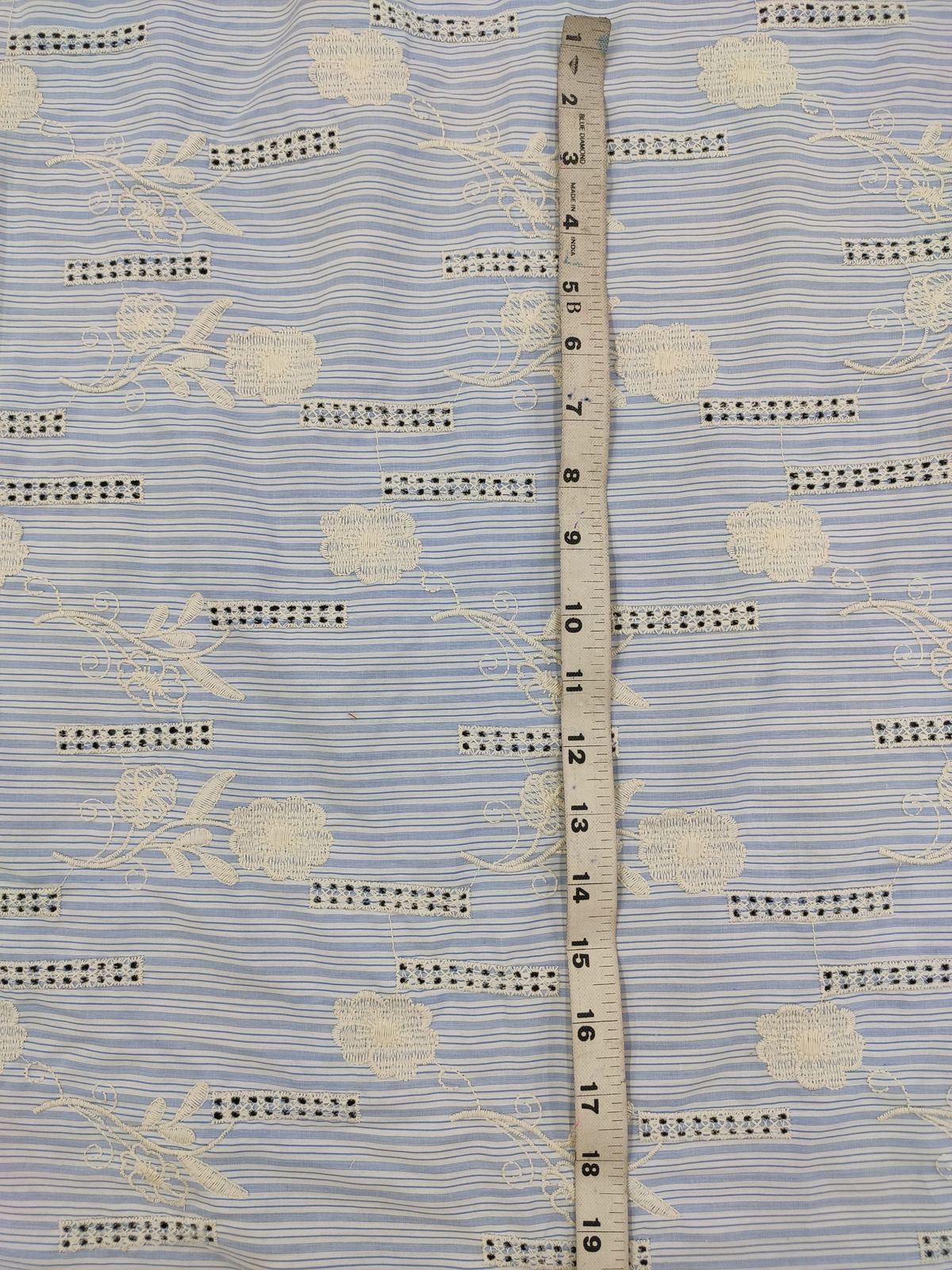 Sky Blue Cotton Stripe Fabric with Floral Embroidery