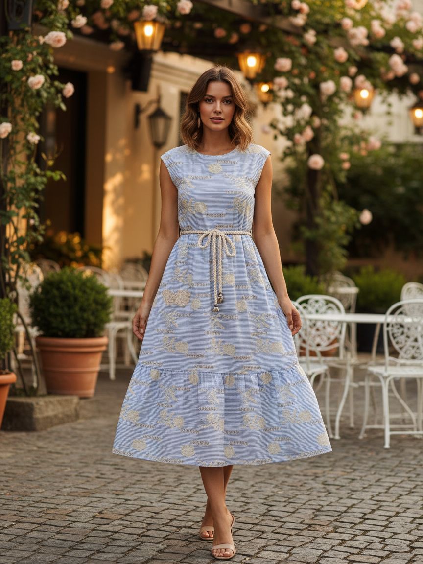 Sky Blue Cotton Stripe Fabric with Floral Embroidery