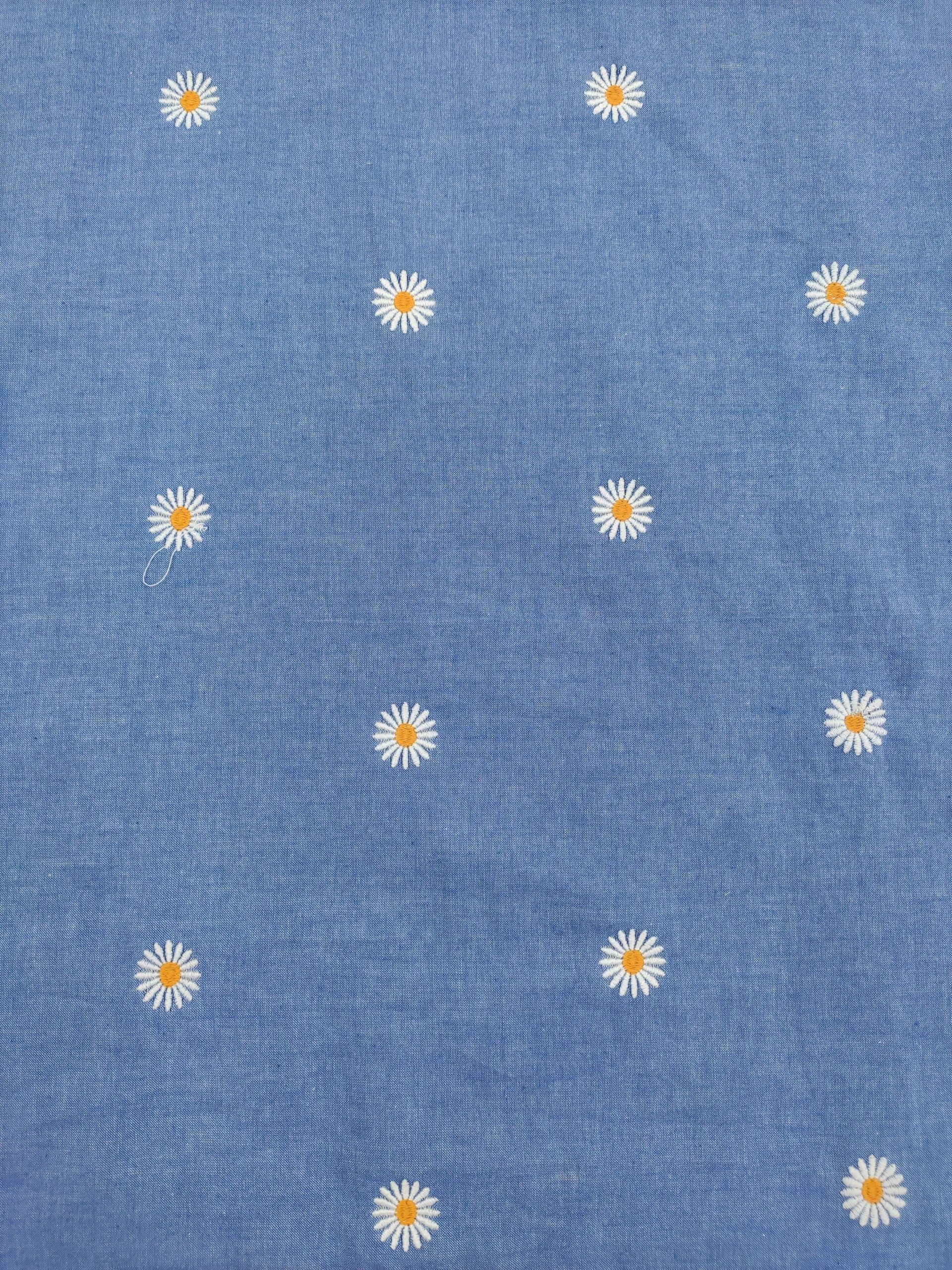 Blue Cotton Chambray Fabric with Daisy Embroidery | Charu Creation - Image 4