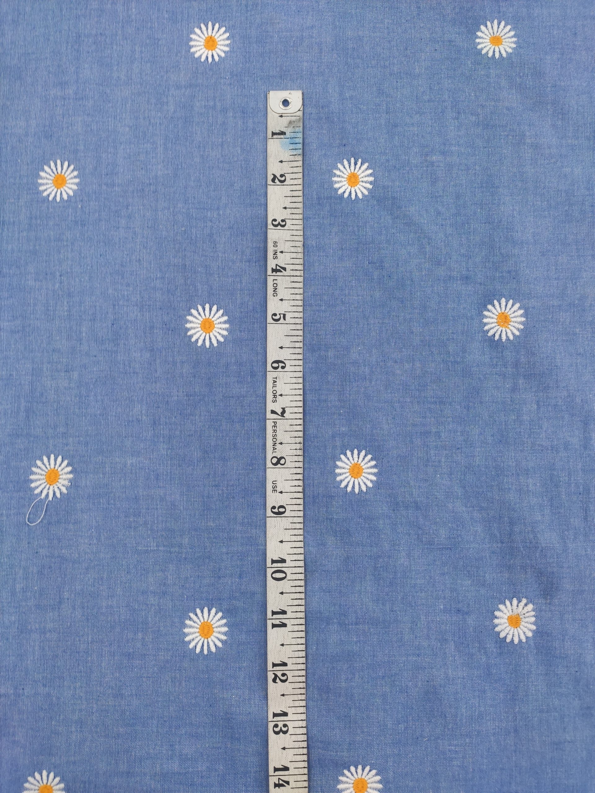 Blue Cotton Chambray Fabric with Daisy Embroidery | Charu Creation - Image 3