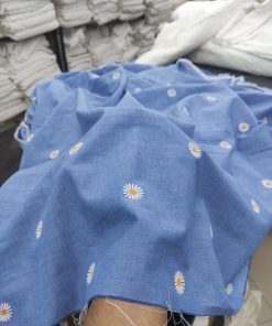 Blue Cotton Chambray Fabric with Daisy Embroidery | Charu Creation
