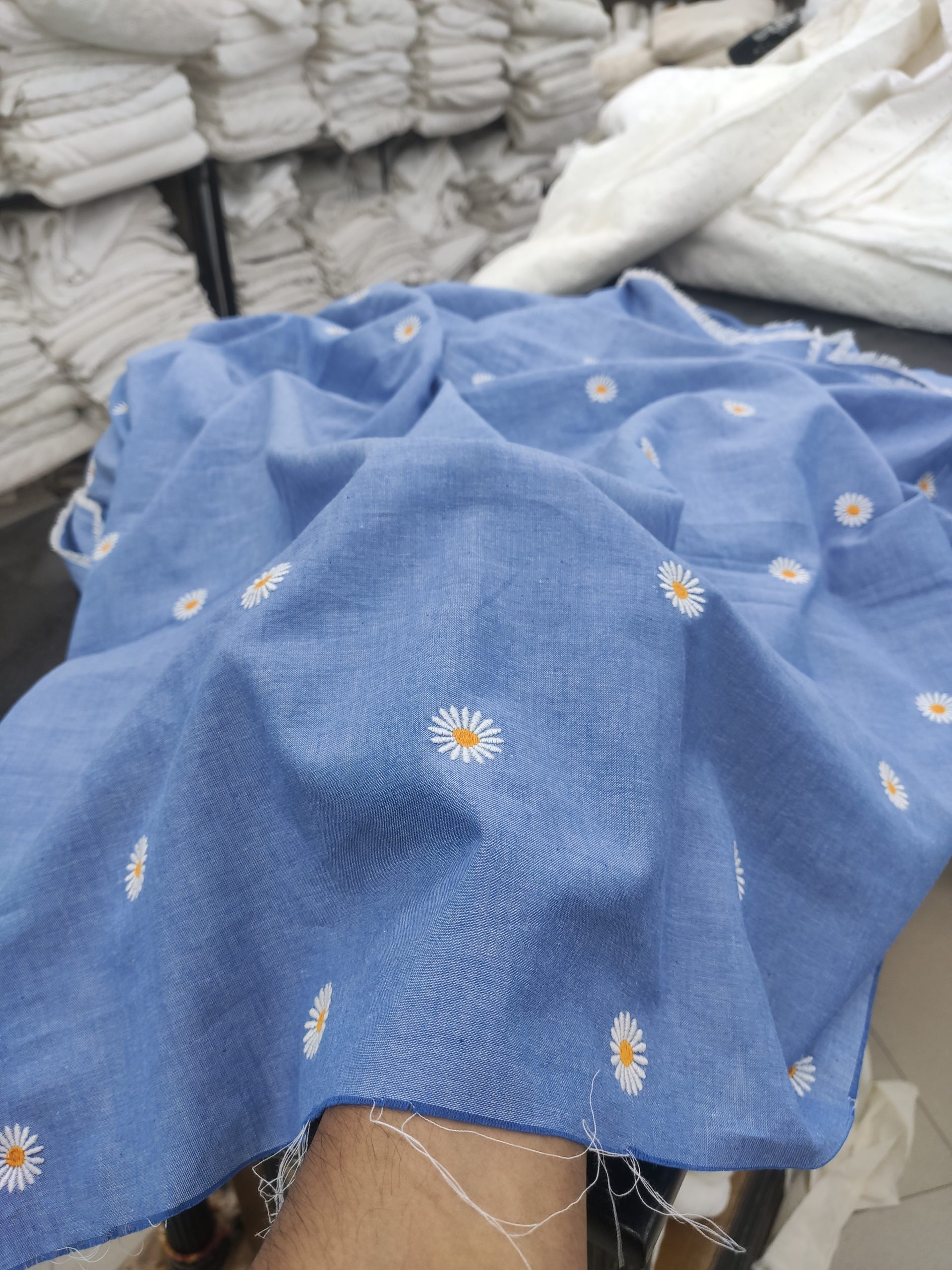 Blue Cotton Chambray Fabric with Daisy Embroidery | Charu Creation