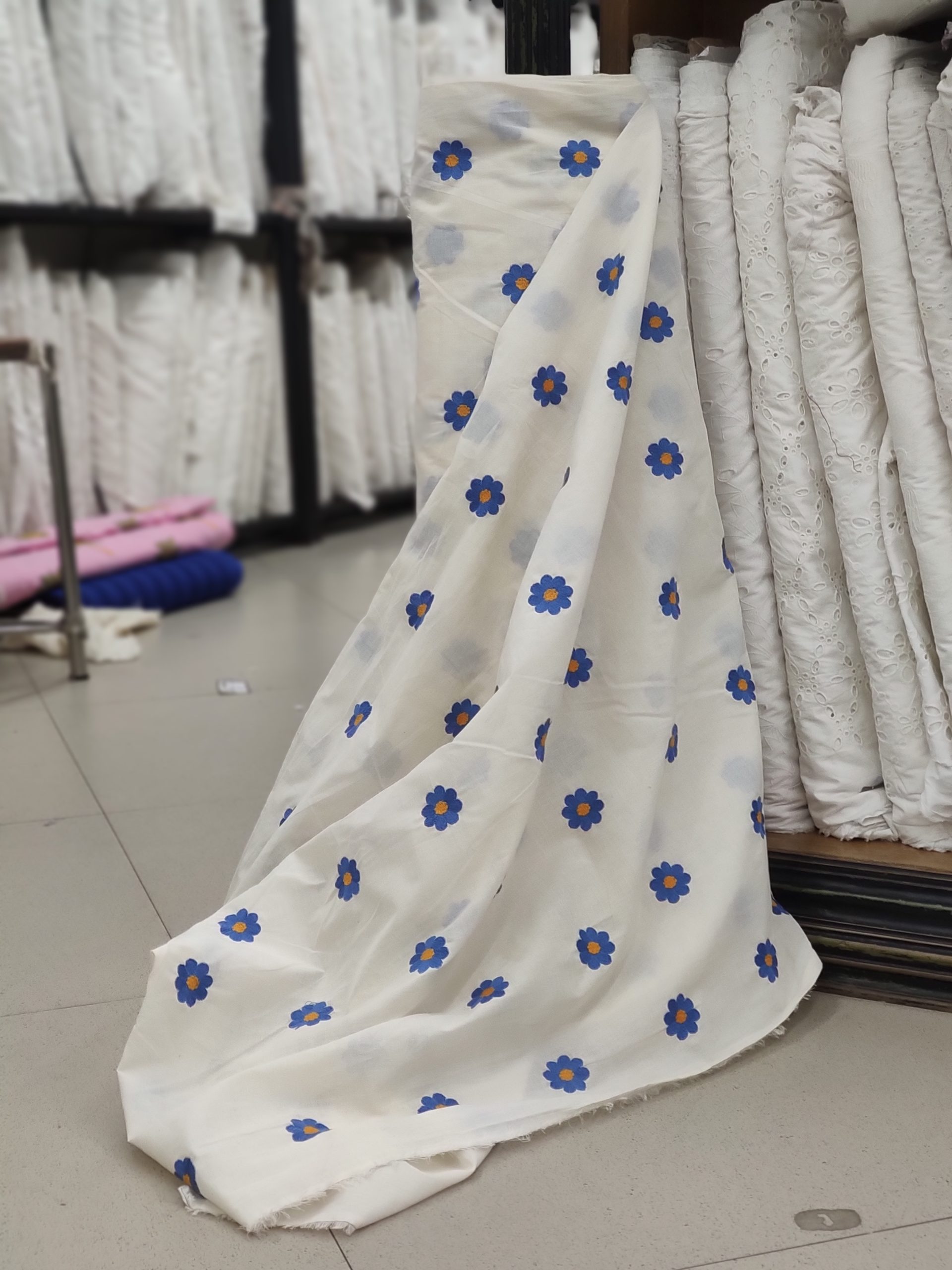Off White Cotton Cambric with Blue Floral Embroidery | Charu Creation - Image 2