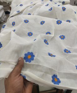 Off White Cotton Cambric with Blue Floral Embroidery | Charu Creation