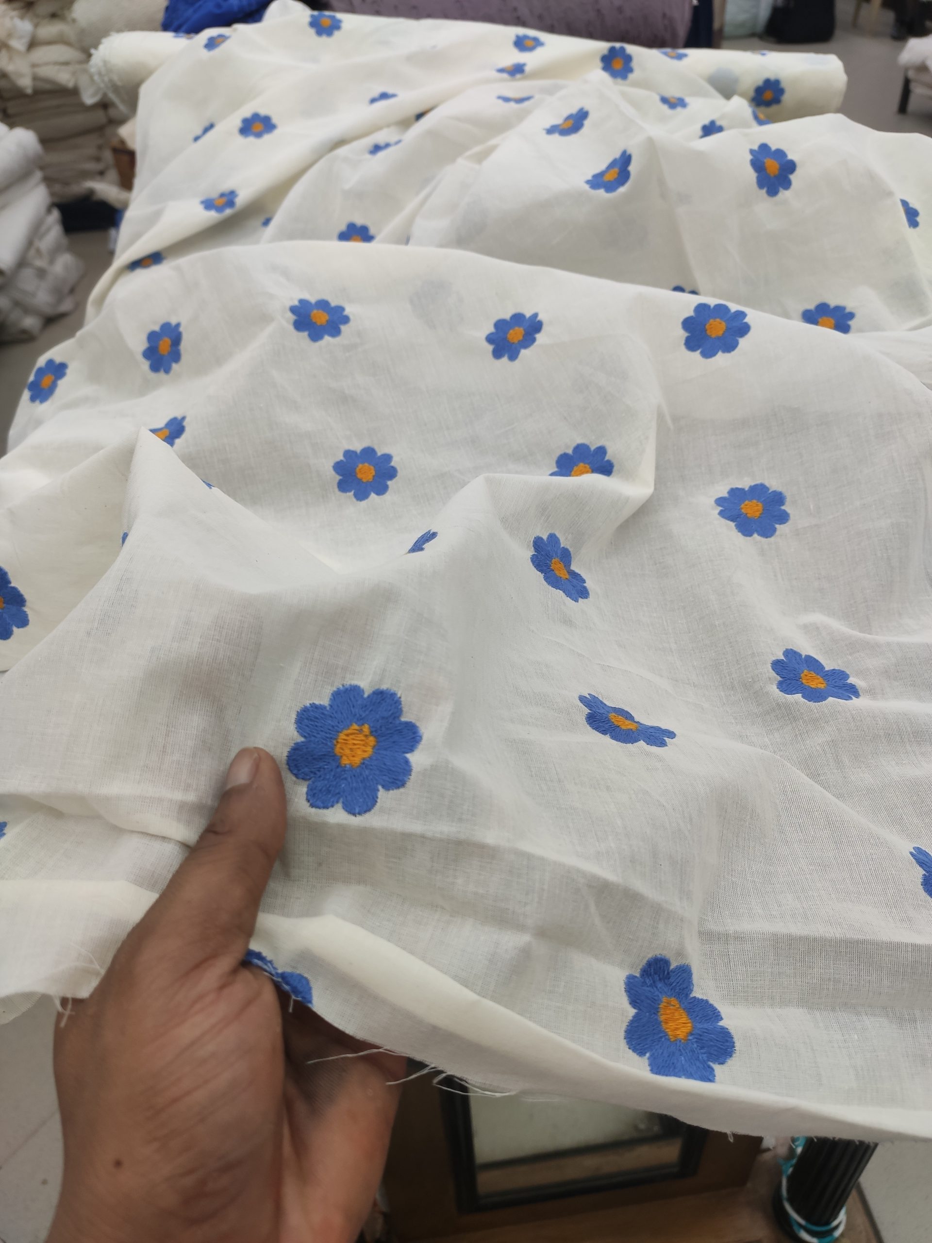 Off White Cotton Cambric with Blue Floral Embroidery | Charu Creation
