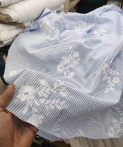 Sky Blue Cotton Stripe Fabric with Floral Embroidery | Charu Creation