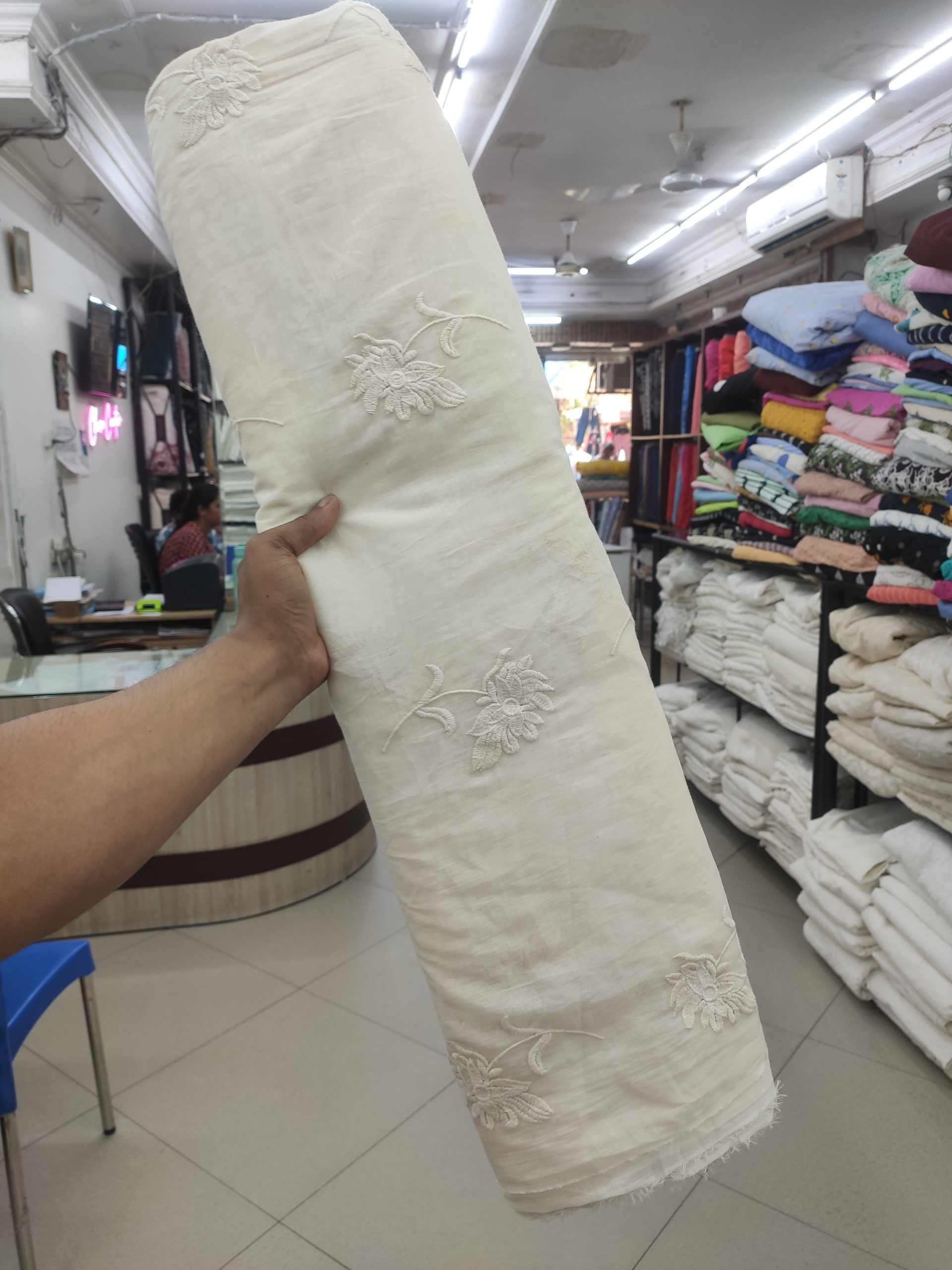 Off White Cotton Voile Fabric - Floral All Over Embroidery | Charu Creation - Image 2