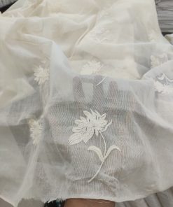 Off White Cotton Voile Fabric - Floral All Over Embroidery | Charu Creation