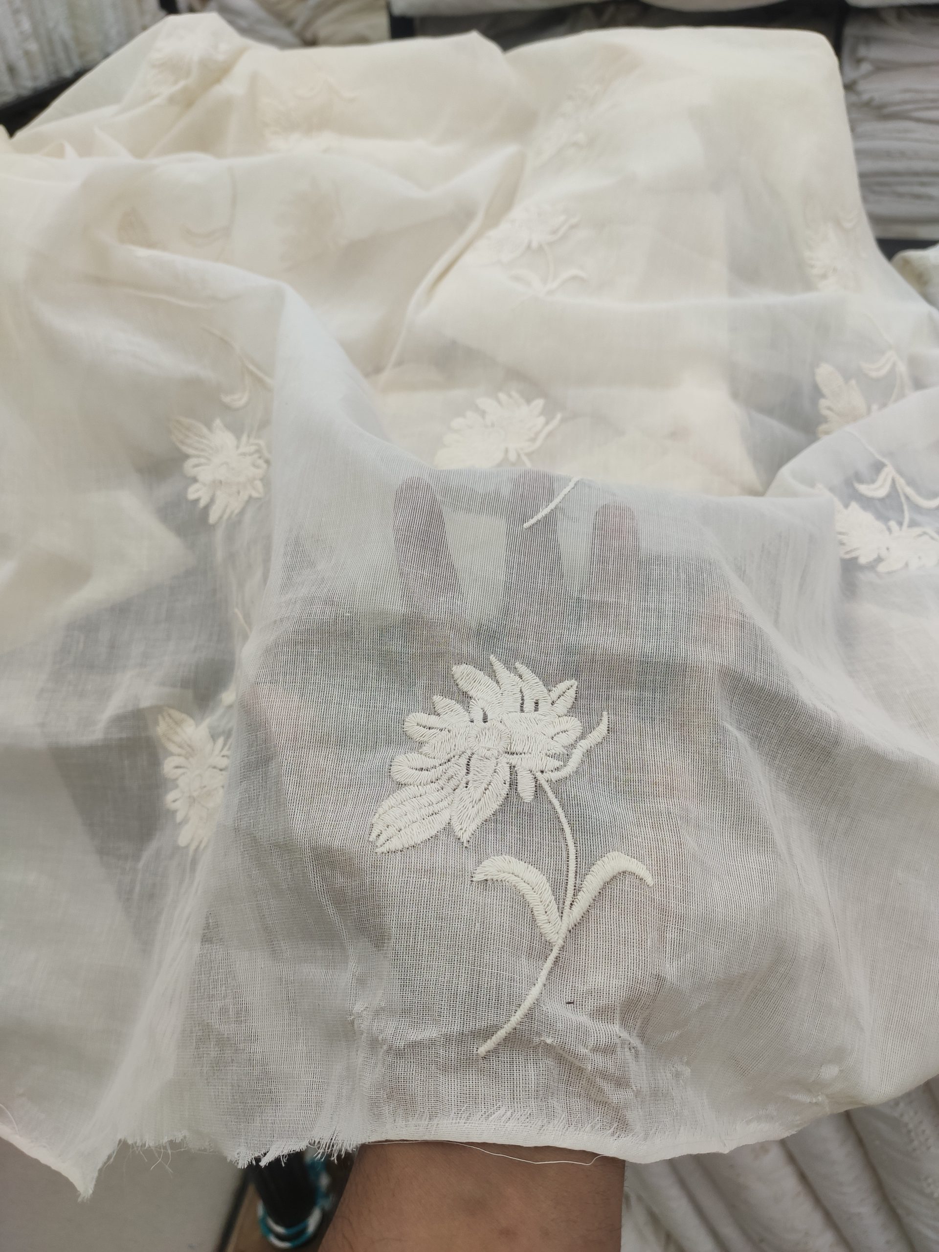 Off White Cotton Voile Fabric - Floral All Over Embroidery | Charu Creation