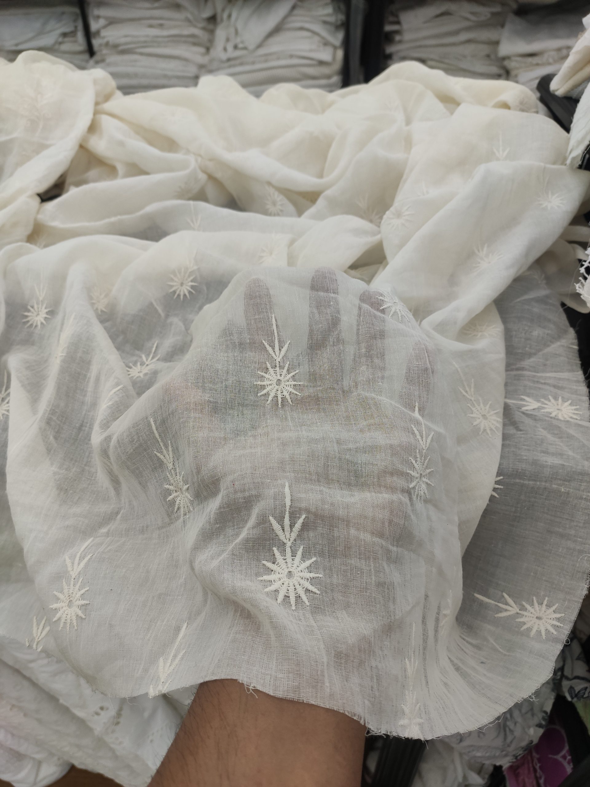 Off White Cotton Voile with Starburst Embroidery | Charu Creation