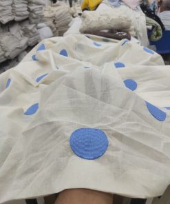 Off-White Cotton Cambric with Blue Polka Dot Embroidery | Charu Creation