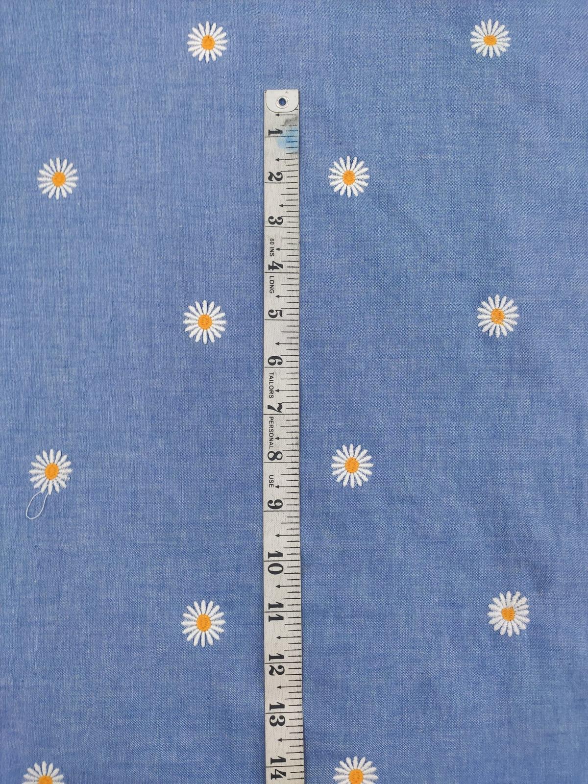 Blue Cotton Chambray Fabric with Daisy Embroidery