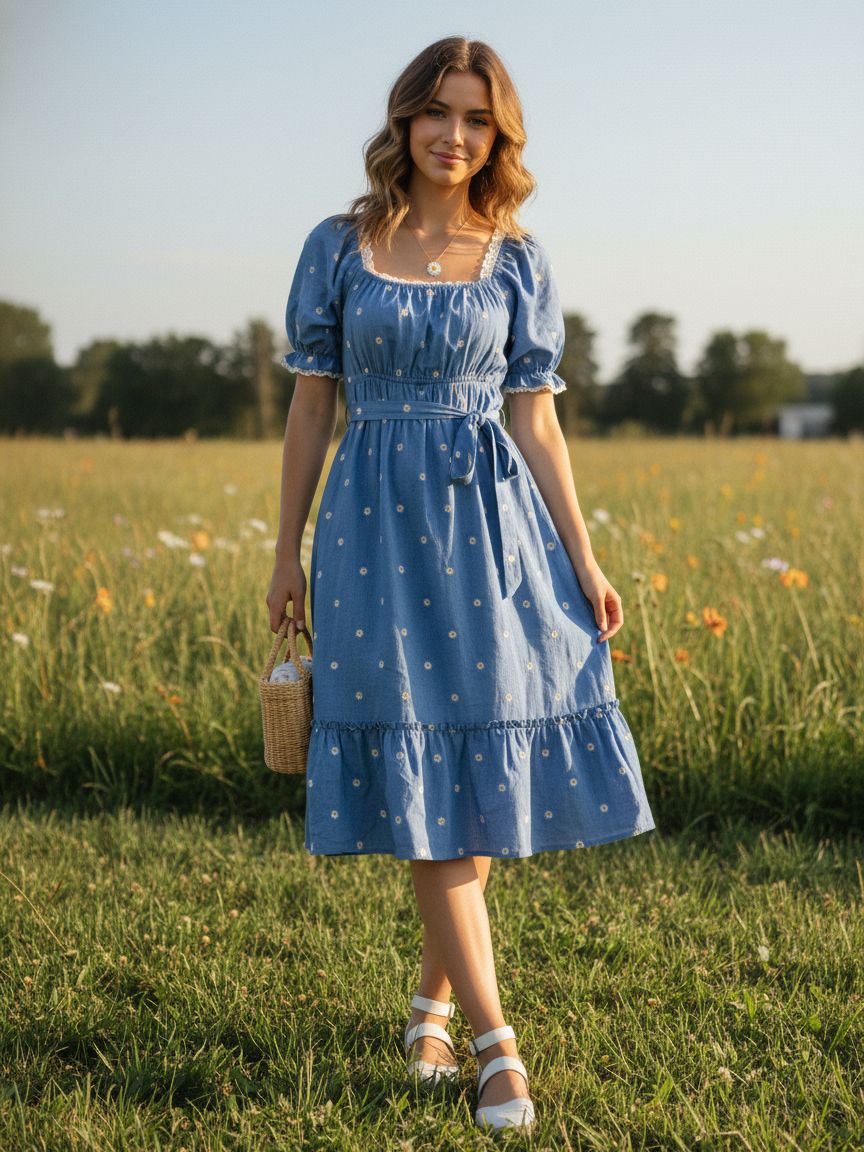 Blue Cotton Chambray Fabric with Daisy Embroidery