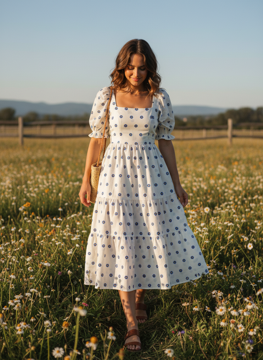 Off White Cotton Cambric with Blue Floral Embroidery | Charu Creation - Image 5