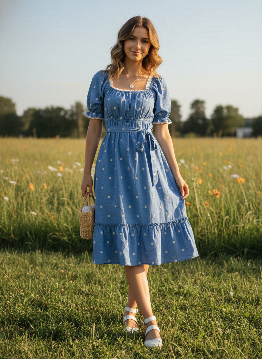 Blue Cotton Chambray Fabric with Daisy Embroidery | Charu Creation - Image 5