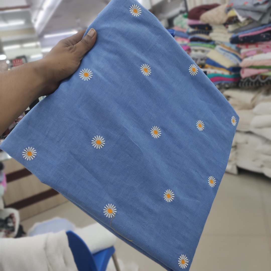 Blue Cotton Chambray Fabric with Daisy Embroidery | Charu Creation - Image 2