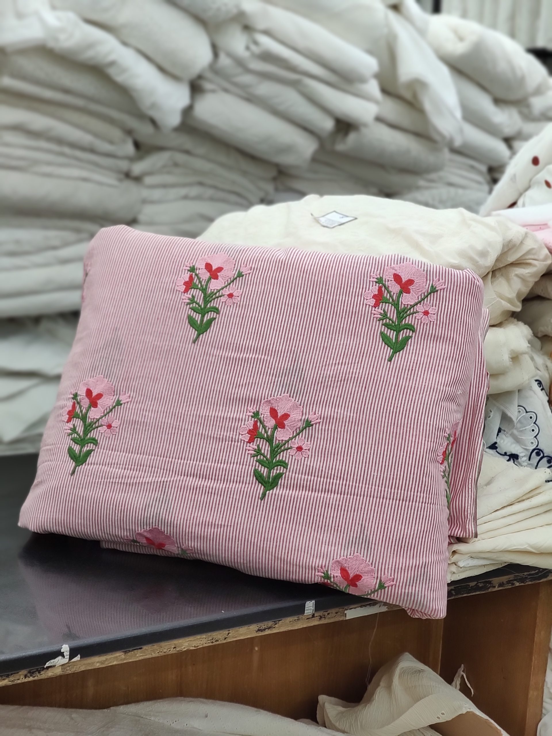 Maroon Striped Cotton Fabric with Floral Embroidery | Charu Creation - Image 2