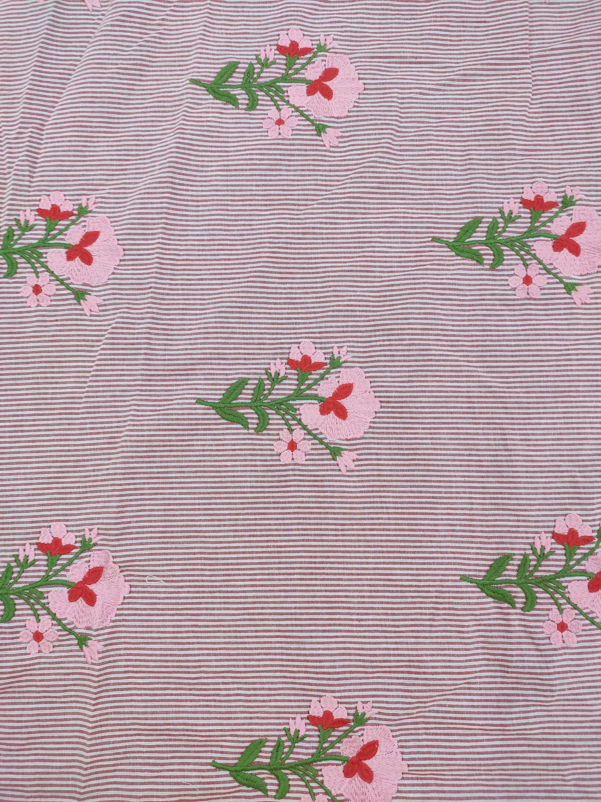 Maroon Striped Cotton Fabric with Floral Embroidery | Charu Creation - Image 4