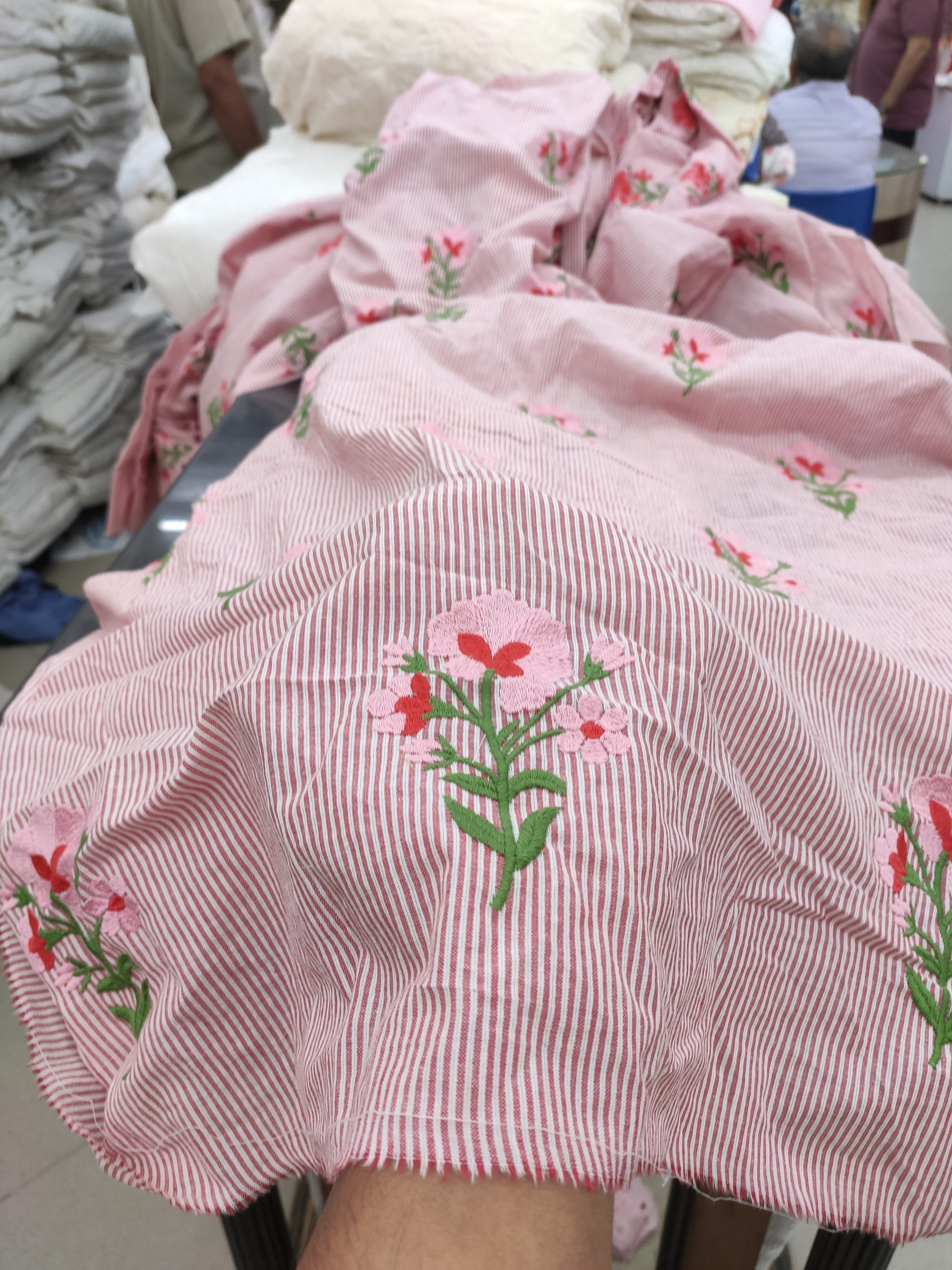 Maroon Striped Cotton Fabric with Floral Embroidery | Charu Creation