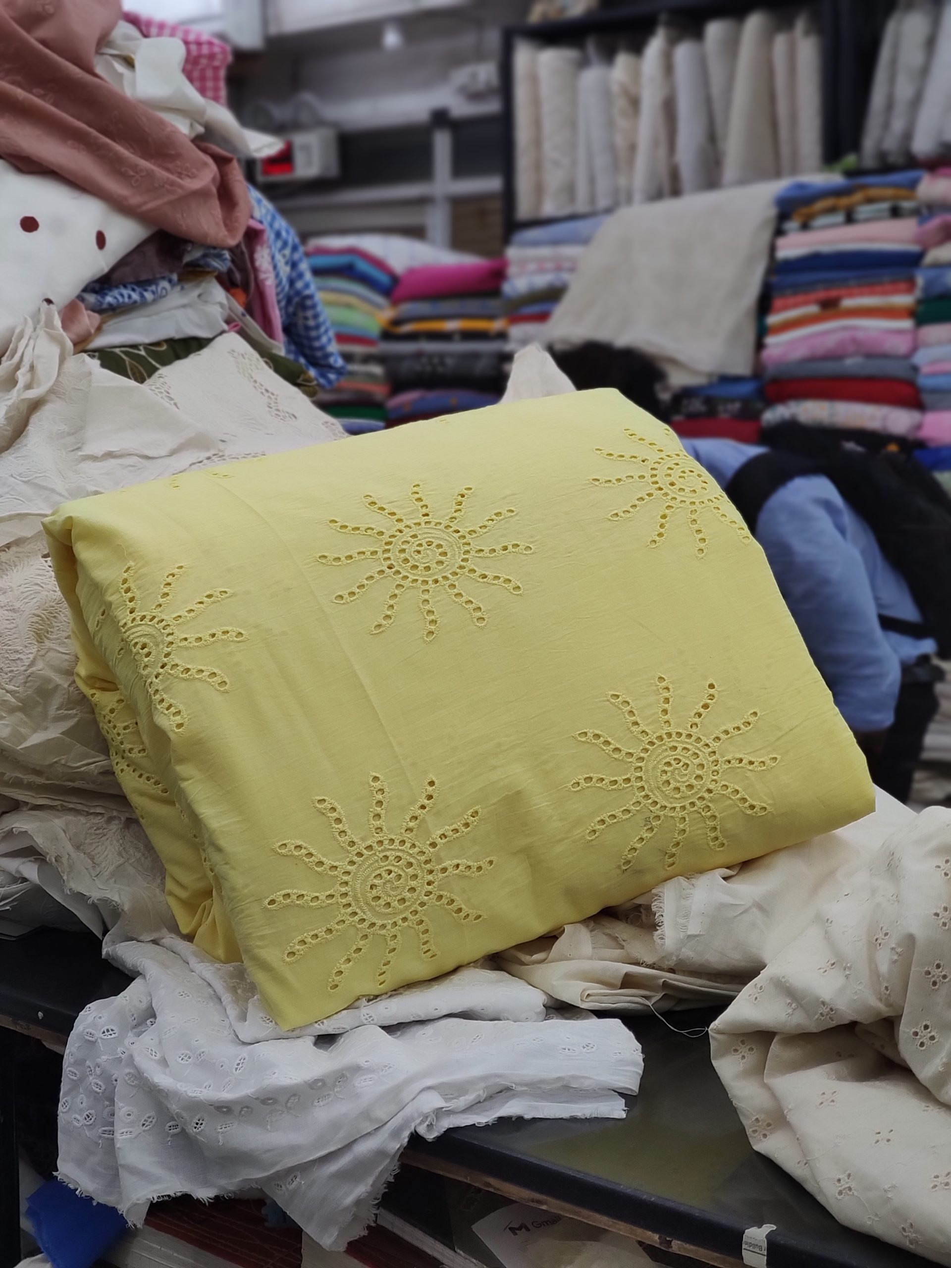 Butter Yellow Cotton Cambric Sun Motif Eyelet Fabric | Charu Creation - Image 2
