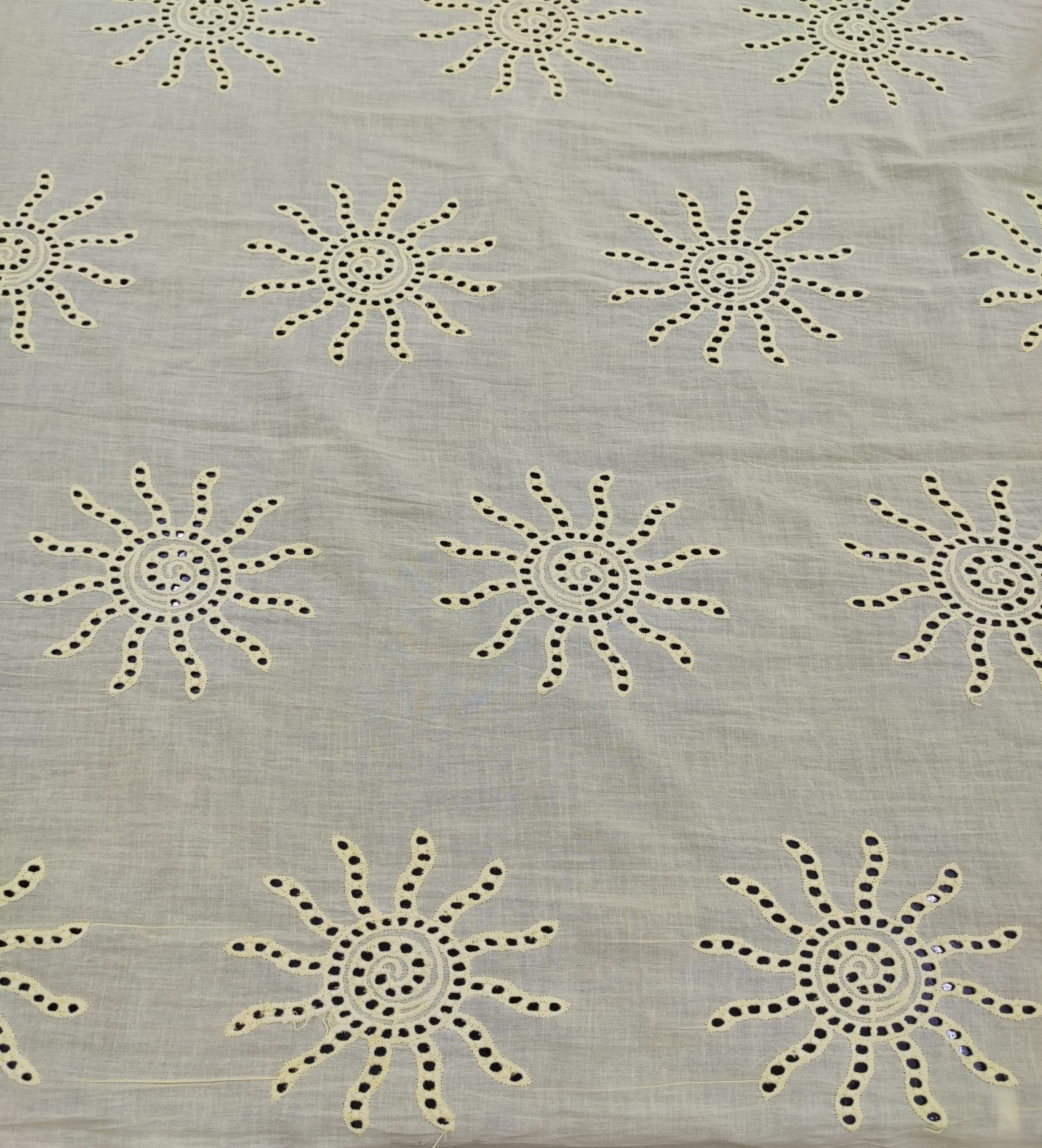 Butter Yellow Cotton Cambric Sun Motif Eyelet Fabric | Charu Creation - Image 4