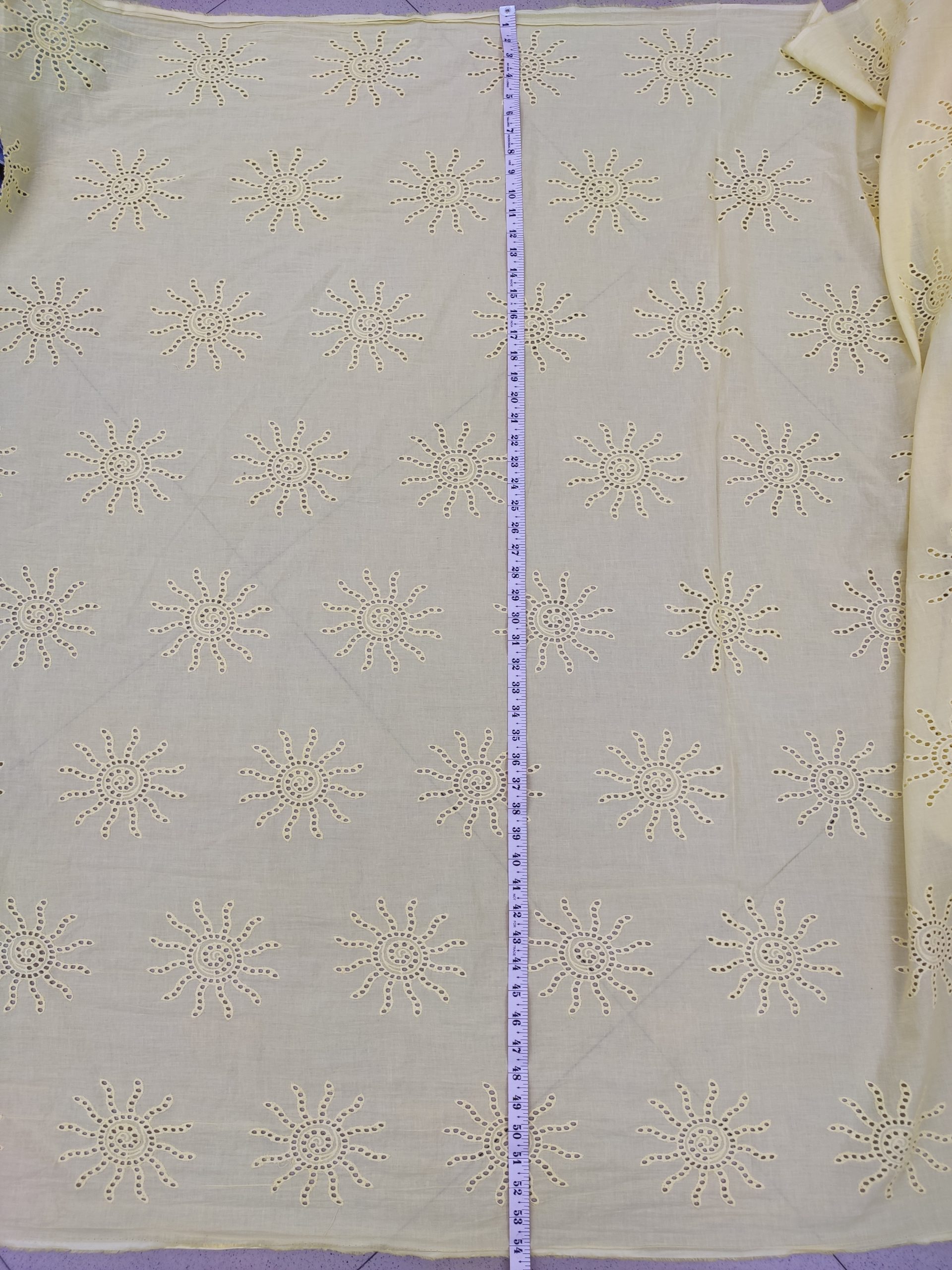 Butter Yellow Cotton Cambric Sun Motif Eyelet Fabric | Charu Creation - Image 3