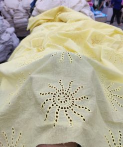 Butter Yellow Cotton Cambric Sun Motif Eyelet Fabric | Charu Creation